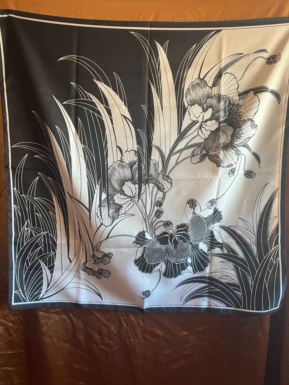 Vintage 1980s Black and White Floral Scarf